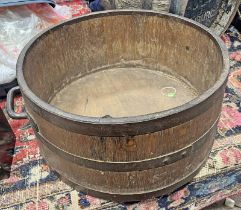 WOODEN BUSHEL MEASURE WITH THREE METAL BANDS TO BODY WITH METAL HANDLES,