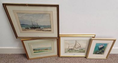 GILT FRAMED WATERCOLOUR OF A SAILING BOAT SIGNED E WILKES 23 X 39 CM,