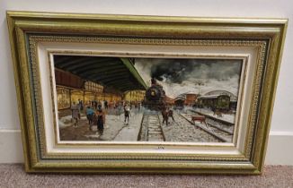 FRANCESCO TAMMARO ARRIVING AT THE STATION, INDISTINCTLY SIGNED, FRAMED OIL PAINTING,