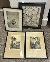 4 FRAMED ETCHINGS, ETC, JOHN M AIKEN, PORTRAIT OF A GENTLEMAN IN FRONT OF MAP OF SCOTLAND, SIGNED,