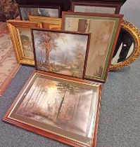 LARGE SELECTION OF FRAMED PICTURES INC OVAL FRAMED MIRROR, WATERCOLOUR OF STREET SCENE ETC.