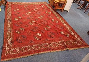 RED GROUND TUKMEN CARPET ALL OVER BOKHARA DESIGN - 335 X 238 CM