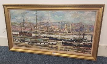 ROBIN MILLER, 'SHIPS ON THE CLYDE', SIGNED, GILT FRAMED OIL PAINTING,