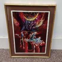 FRAMED OIL PAINTING DEPICTING 2 CREATURE-LIKE FIGURES & A TREE,