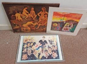 RONNIE BROWNE, UNDERDOGS RAMPANT, FRAMED PRINT, TOGETHER WITH OIL PAINTING OF BATH HOUSE SCENE,