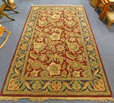 RED GROUND TEA WASHED INDIAN AGRA CARPET WITH ALL OVER FLORAL PATTERN WITH EMBOSSED BORDER - 248 X