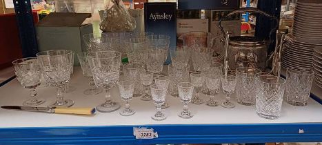 SELECTION OF VARIOUS CRYSTAL GLASSES TOGETHER WITH SILVER PLATE SPIRIT KETTLE AND OTHERS OVER ONE