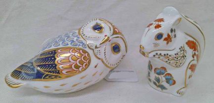 2 ROYAL CROWN DERBY PAPERWEIGHTS WITH SILVER SEAL MARKS OF OWL AND RABBIT