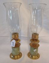 PAIR OF GILT METAL AND GREEN HARDSTONE CANDLESTICKS, 38.