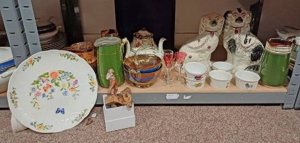 PAIR OF STAFFORDSHIRE WALLY DOGS, ROYAL WORCESTER DISHES, AYNSLEY PORCELAIN PLATE, WOODEN FIGURES,