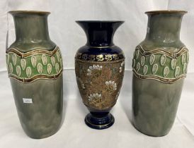 PAIR OF GREEN ROYAL DOULTON STONEWARE VASES, 29.