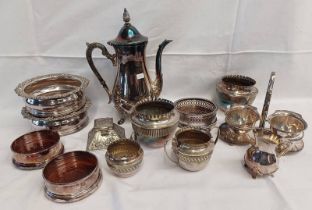 2 X 19TH CENTURY SILVER PLATED WINE SLIDES, 3 OTHER WINE SLIDES, VARIOUS OTHER SILVER PLATED WARE.