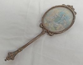 SILVER HAND MIRROR WITH PAINTED MINIATURE TO REVERSE,