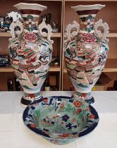 PAIR OF DOUBLE HANDLED ORIENTAL VASES WITH FIGURAL SCENE DECORATION WITH MARK TO BASES,