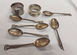 6 SILVER TEASPOONS (1 AS FOUND) & 2 SILVER NAPKIN RINGS