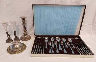 CASED 6 PLACE SETTING OF CUTLERY BY W M F SILVER PLATED CANDLE HOLDER ETC.