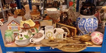 BLUE & WHITE VASE, VARIOUS PORCELAIN TEAPOTS, BRASSWARE,