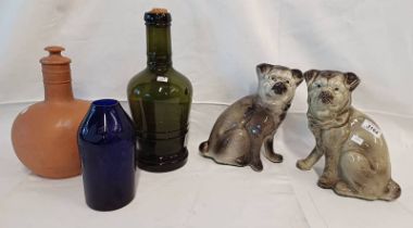 PAIR OF 19TH CENTURY SCOTTISH POTTERY DOGS, ETCHED BLUE GLASS VASE,