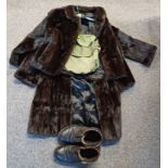 2 FUR COATS, 2 WORLD WAR GAS MASK BAGS & PAIR OF BOOTS.