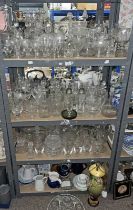 LARGE SELECTION CUT GLASS VASES, DECANTERS, JUGS, GLASSES,