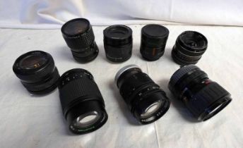 SELECTION OF CAMERA LENSES TO INCLUDE; TAMRON SP 1:3.5 70MM-210MM, HANIMEX C-MACRO 1:3.5-4.