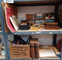 LATE 19TH CENTURY MAHOGANY CASED DRAWING SET, WOODEN BARTLETT PEARS BOX, LEATHER BOUND BOOKS,