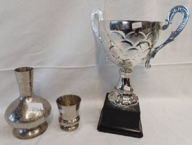 LARGE SILVER PLATED TROPHY & EASTERN CUP & FLASK WITH DECORATION