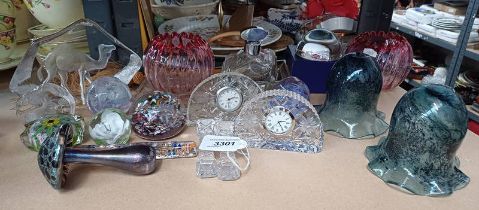 EDINBURGH CRYSTAL CLOCK, GOOD SELECTION PAPER WEIGHTS INCLUDING MATS JONASSON, SWEDEN,