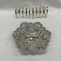 PAIR OF SILVER TOASTRACKS & SILVER CIRCULAR DISH WITH PIERCED & EMBOSSED DECORATION - 195G
