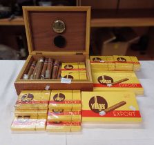 HUMIDOR AND LARGE SELECTION OF CIGARS INCLUDING VILLIGER, KING EDWARD ETC.