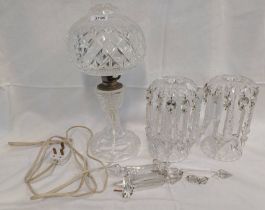 CUT GLASS TABLE LAMP & 2 CUT GLASS LUSTRES