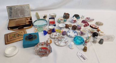 SELECTION VARIOUS BOXES, PORCELAIN MINIATURE TEACUPS & SAUCER, THIMBLES, MAGNIFYING GLASS ETC.