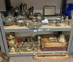 SELECTION OF VARIOUS CUTLERY, SILVER PLATED WARE, ART DECO METAL WARE, BRASS CANDLESTICK,