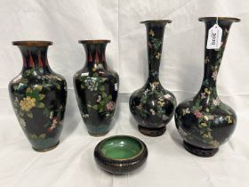 PAIR OF CLOISONNE BOTTLE VASES WITH FLORAL DECORATION, 32.