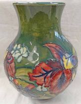 MOORCROFT GREEN GROUND VASE WITH ORCHID PATTERN, IMPRESSED AND SIGNED WITH PAPER LABEL TO BASE,