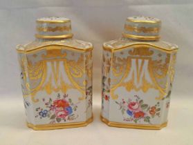 PAIR OF FLORAL DECORATED LIDDED VASES WITH ROCKINGHAM WORKS TRANSFER TO BOTTOM - 13 CM TALL