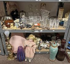 VARIOUS ART GLASSWARE, PORCELAIN HEADED DOLLS, BRASS TABLE LAMP, ORIENTAL WARE, PORCELAIN FIGURES,