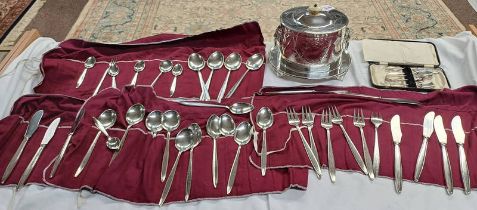 SILVER PLATED BISCUIT BARREL & SELECTION OF SILVER PLATED CUTLERY.