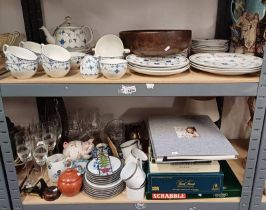 SELECTION BLUE & WHITE DINNER & TEAWARE, LARGE WOODEN BOWL, GLASSWARE,