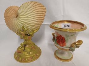 ROYAL WORCESTER SHELL WARE 21CM TALL AND ONE OTHER FLORAL DECORATED VASE. 13.