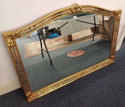GILT FRAMED OVERMANTLE MIRROR WITH DECORATIVE MIRRORED PANELS LABELLED 'MADE IN BELGIUM TO BACK' -