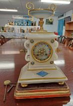 LATE 19TH CENTURY ALABASTER MANTLE CLOCK WITH GILT URN DECORATION