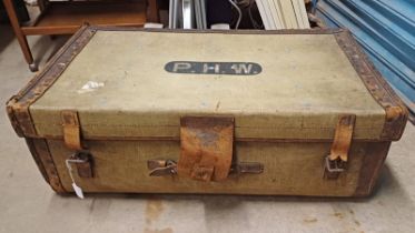 LEATHER & CANVAS TRUNK WITH FITTED INTERIOR .