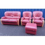 BEECH & RED LEATHERETTE 3 PIECE LIVING ROOM SUITE & MATCHING FOOTSTOOL