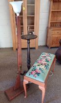 MAHOGANY STANDARD LAMP MODELLED AFTER A GUN, TAPESTRY TOPPED RECTANGULAR STOOL,