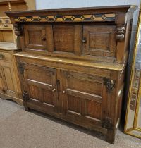 18TH CENTURY COURT CUPBOARD WITH 2 PANEL DOORS OVER 2 LARGE PANEL DOORS WITH LATER RENOVATIONS.