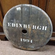 OAK WHISKY BARREL LID MARKED 'EDINBURGH 1994' - DIAMETER 54 CM