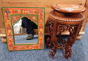 ORIENTAL HARDWOOD POT STAND ON CARVED DRAGON SUPPORTS & SMALL MIRROR WITH DECORATIVE FLORAL