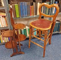 MAHOGANY 4 TIER FOLDING CAKE STAND & MAHOGANY STOOL WITH SHAPED BACK ON TURNED SUPPORTS