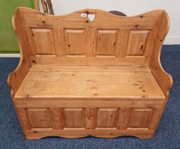 PINE BENCH WITH TALL BACK & LIFT LID SEAT.